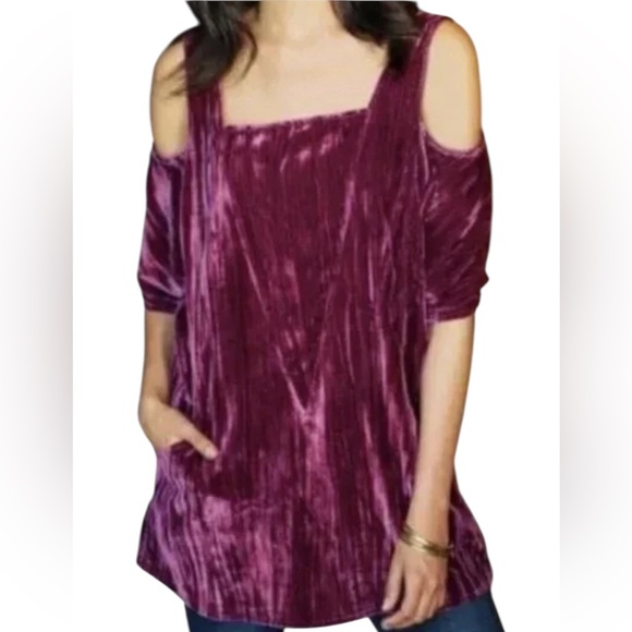 Soft Surroundings Tops - Soft Surroundings Maroon Crushed Velvet Top Dress Pockets Zipper Back Small